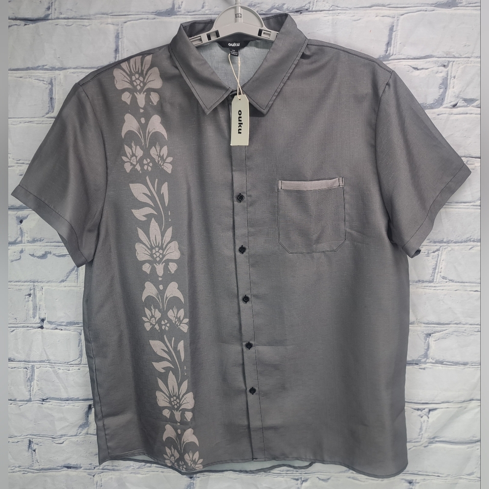 NWT Ouko Men's Hawaiian Shirt Lightweight Gray Short Sleeves Casual 2XL XXL